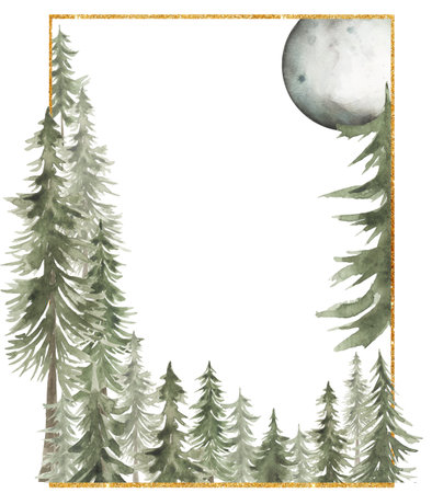 Watercolor woodland and mountains frame illustration, forest background. Card invitation design with forest trees. Evergreen trees wreath, oak, fir natural border printの写真素材