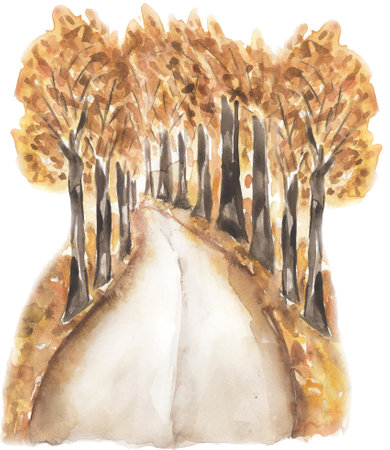 Watercolor autumn road composition, fall trees and road illustration. Card invitation designの写真素材