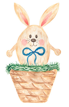 watercolor easter bunny set clipart, cute wooden festive rabbit, eggs clipart. Baby shower graphics, kids art. modern spring card.の写真素材