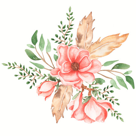 Watercolor boho floral bouquet illustration set. Peony, greenery, leaves, feathers, Wedding bohemian flowers clipart. Foliage modern cliparts.の写真素材