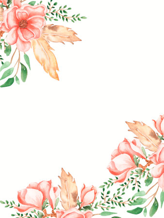Watercolor boho floral bouquet illustration card. Peony, greenery, leaves, feathers, Wedding bohemian flowers cards clipart. Foliage modern frame.の写真素材