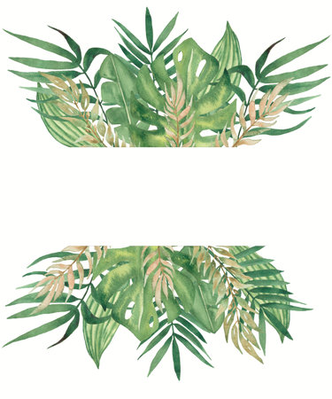 watercolor tropical leaves frame. modern wedding invitation card, save the date, green foliage wreath, beach palm leaves set, DIY, Scrapbook clipart, monstera leaf, boho styleの写真素材