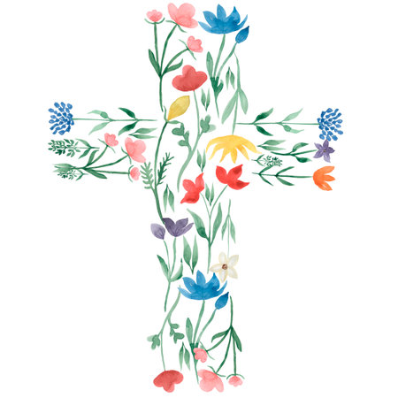 watercolor easter cross clipart. spring wildflower baptism cross illustration, festive composition. meadow flowers, summer field florals, religious card.の写真素材