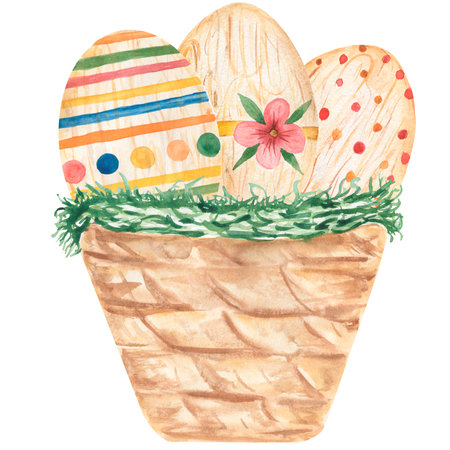 watercolor easter eggs set clipart, cute wooden festive egg in boho style,  Baby shower graphics, kids art. modern spring card.の写真素材