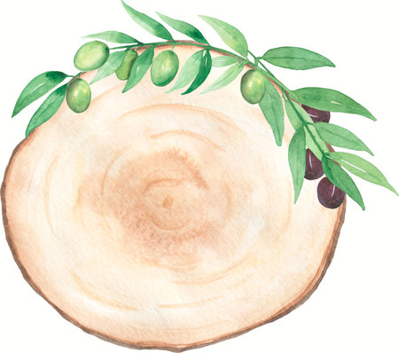 Watercolor wood slice clipart with olive branch bouquet. Modern green foliage wreath illustration. Wedding invitation card.Hand drawn spring greenery leaves arrangement. Wedding decor.の写真素材