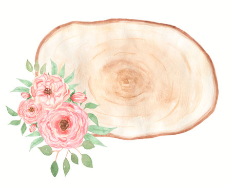 Watercolor wood slice clipart with coral floral bouquet. Pink peony wreath illustration. Wedding invitation card.Hand drawn spring greenery flowers arrangement. Wedding decor.の写真素材