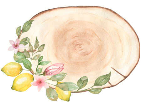 Watercolor wood slice clipart with lemon branch bouquet and pink flowers. Modern green foliage wreath illustration. Wedding citrus invitation card.Hand drawn spring greenery leaves arrangement. Wedding decor.の写真素材
