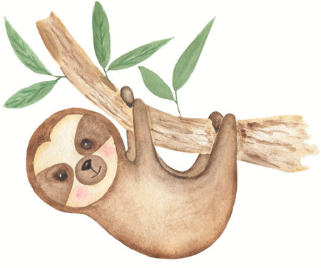 Watercolor Baby sloth on the tree illustration. Little animal clipart. Tropical animals set.Baby shower graphics. Birthday card. hand drawn Arrangement. Summer Nursery cardの写真素材