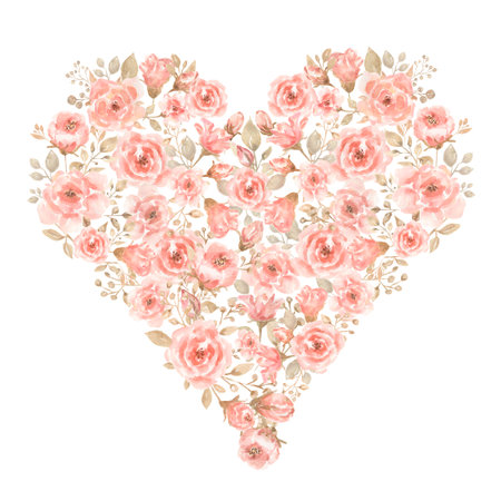 Watercolor Coral peony Florals Heart illustration. Summer pink flowers set. Wedding invitation. Greenery clipart. Floral wreath arrangement. Card template.の写真素材