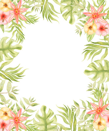 Watercolor tropical florals bouquet illustration. Green tropic leaves frame. Monstera leaf. Summer flowers clipart. Beach floral arrangement. Kids birthsday card. Baby shower graphics.Card template.の写真素材