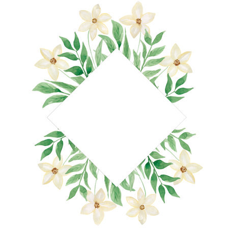Watercolor white wildflowers and green leaves  frame. Modern green foliage frame illustration. Wedding invitation card.Hand drawn spring white flowers and leaves arrangement. Wedding decor.の写真素材