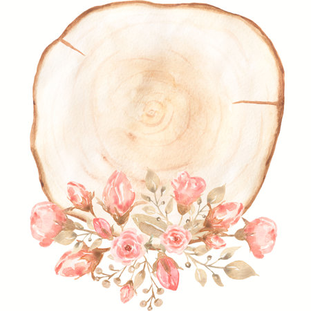 Watercolor wood slice clipart with coral floral bouquet. Pink peony wreath illustration. Wedding invitation card.Hand drawn spring greenery flowers arrangement. Wedding decor.の写真素材