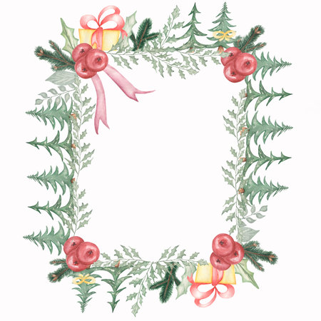 Watercolor hand drawn Christmas wreath ofpoinsettia plant, berries,leaves, coniferous branch, candies and christmas gifts.の写真素材