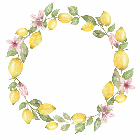 Hand drawn round wreath of watercolor lemon with flowers and leaves. Watercolor illustration wreath of lemon and leaves. Can be used as a greeting card for background, birthday, mother's day,etc..の写真素材