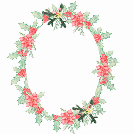 Watercolor hand drawn Christmas wreath ofpoinsettia plant, berries,leaves, coniferous branch, candies and christmas bell.の写真素材