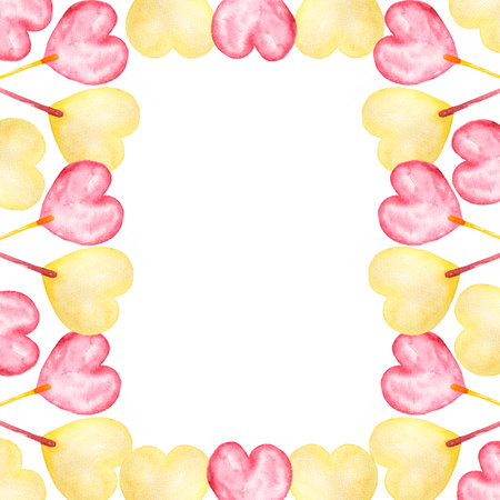 Watercolor square frame of lollipops candies in heart shapes in red and yellow colors.の写真素材