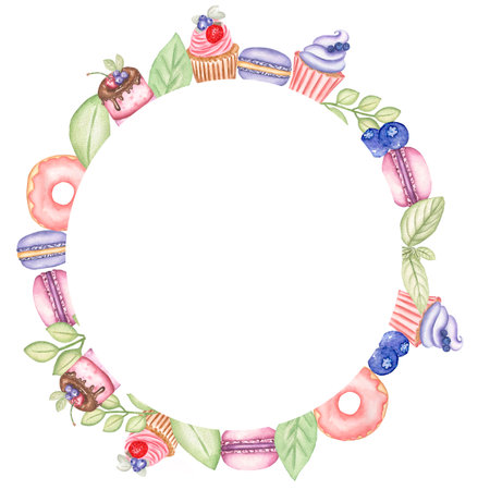 Watercolor hand drawn illustration set of a wreath of sweets,donuts,macaron, candies,cupcake, mini cake,berries,mint leaf. tastyの写真素材
