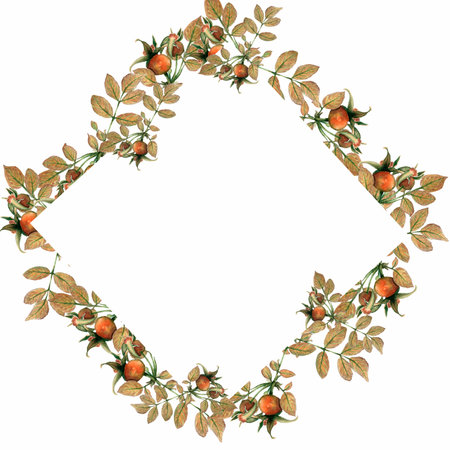 Watercolor square frame of yellow leaves and dog-rose, briar. Leaves background for invitations, advertisements, postcardsand other projects. Linden leaf for your design with space for text.の写真素材
