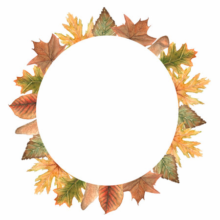 Watercolor round wreath of yellow and green autumn leaves. Leaves background for invitations, advertisements, postcardsand other projects. Linden and other leaf for your design with space for text.の写真素材