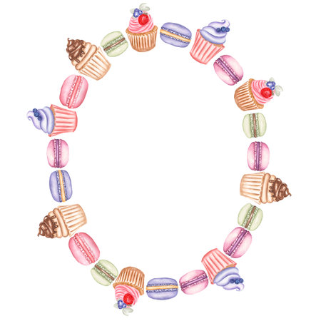 Watercolor hand drawn illustration set of a wreath of sweets,macaroon, cupcake,berries,mint leaf. tastyの写真素材