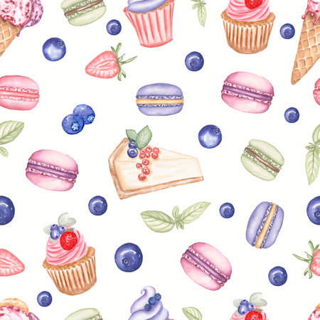 Seamless pattern with watercolor hand painted sweet and tasty cakes, macaroon,cheesecake with strawberry, blueberry and mint leaf. Hand painted fruit dessert background perfect for fabric textile or menu wallpaperの写真素材