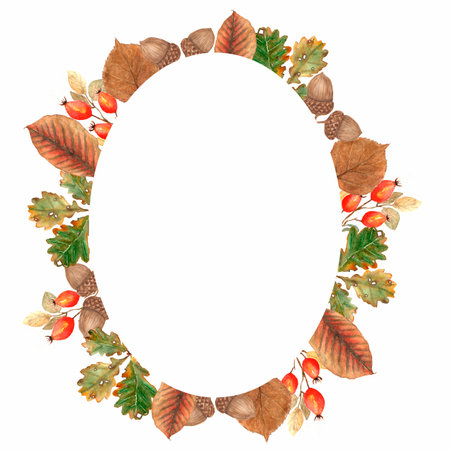 Watercolor oval wreath of yellow and green autumn leaves. Leaves background for invitations, advertisements, postcardsand other projects. Linden and other leaf for your design with space for text.の写真素材