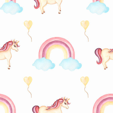 Watercolor nursery  pattern with hand painted rainbows . Kids seamless background illustration in trendy children style.Girl unicorn magic rainbow , stars.の写真素材