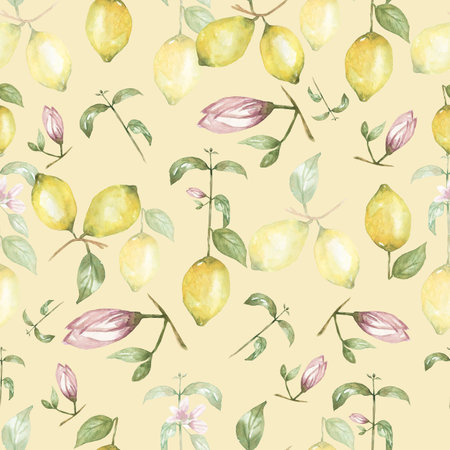 Watercolor lemons Seamless pattern. Yellow citrus fruit background. Sicily Lemon, leaves and  flowers. Tropical lemon illustration in neutral trendy color.の写真素材