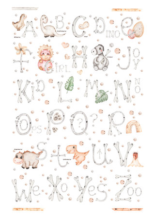 Watercolor dinosaur ABC poster, educational illustration for kids, cute dino animal and alphabet letters clipart, nursery print, homeschool cardの写真素材