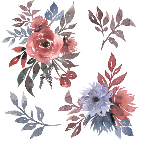 Watercolor floral bouquet illustration with gray pink and navy blue flowers, gray green leaves, for wedding stationary, greetings, wallpapers, fashion, backgrounds, textures, DIY, wrappers, cards.の写真素材