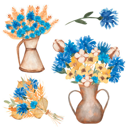 Hand drawn watercolor  yellow wheat ears and blue flowers bouquet illustration. Beautiful meadow flowers in a vase, retro style.の写真素材