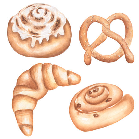 Set of watercolor bakery products illustrations.Graphic Croissant, cinnamon bun, raisins bun, Pastry.の写真素材