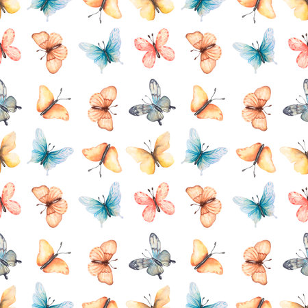 Watercolor butterfly seamless pattern. Hand drawn beautiful insects. rainbow butterfly paper.の写真素材