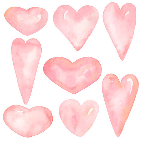 Watercolor pastel Hearts, Valentine Day elements, Clipart. Hand painted soft pink spring clipart. Delicate heart, digital paper, coral  heart set, Valentine's Day Scrapbookingの写真素材