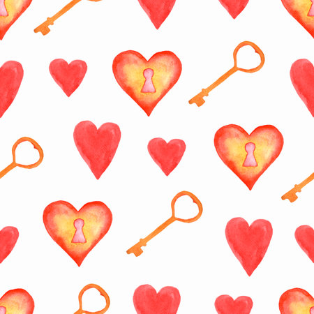 Watercolor Valentine patterns, Seamless Hearts Paper, Scrapbook Paper, Valentines Day Heart, Love Patterns.Hand drawn Spring background with key, red heart lock and hearts.の写真素材