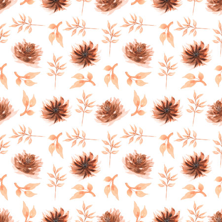 Seamless watercolor pattern with  floral in brown colors.  modern color.Hand drawn decor patterns with floral and leaves print.の写真素材