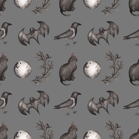 Watercolor Halloween seamless pattern, Scary Party pattern, Moon, bat, Black cat, crow, Gothic background.の写真素材