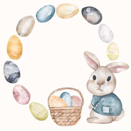 Easter frame with colorful decorated easter eggs and bunny with basket. Hand-painted watercolor illustrationの写真素材