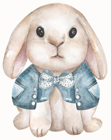 Cute bunny with blue jacket sitting, watercolor painting for baby child postcard. Cartoon rabbit with funny tale, sweet dreams, easter cardの写真素材