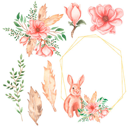 Watercolor florals set illustration, bunny and peony flowers wreath clip art, florals bouquet composition.の写真素材
