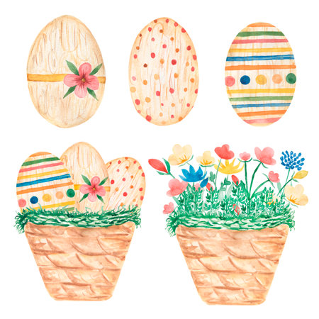 Watercolor cute ester eggs set illustration, wildflowers clip art, egg in the basket composition.の写真素材