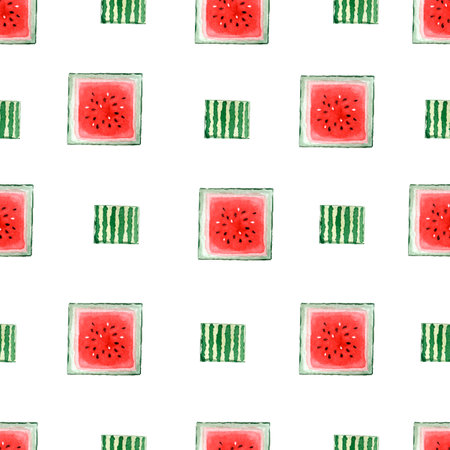 watercolor hand drawn watermelon seamless pattern. Fresh and sweet fruit background in square shape.の写真素材