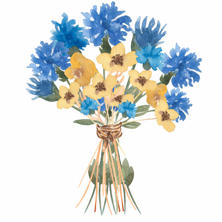Hand drawn watercolor  yellow and blue flowers  bouquet illustration. flowers in a vase, retro style.の写真素材