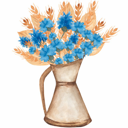 Hand drawn watercolor  yellow wheat ears and cotton bouquet illustration. flowers in a vase, retro style.の写真素材