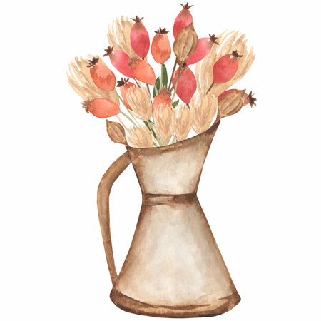 Hand drawn watercolor  yellowand red bouquet illustration. flowers in a vase, retro style.の写真素材