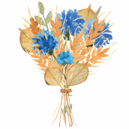 Hand drawn watercolor  yellow wheat ears and cotton bouquet illustration. flowers in a vase, retro style.の写真素材