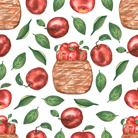 Watercolor hand drawn seamless pattern with  apple flowers, leaves and red apples. beautiful modern background.の写真素材