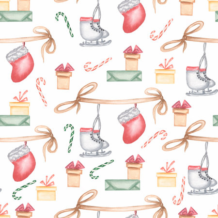 Watercolor seamless pattern with skates,boxes of gifts,candies, watercolor illustration of  a New Year's decor, isolated drawings by hand of decorations and element.の写真素材