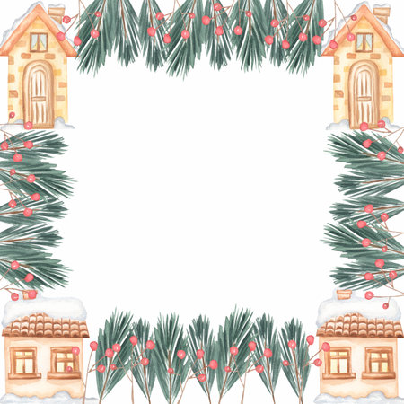 Christmas frame set design composition of  fir branchesand houses Cover, invitation, banner, greeting card. Vector illustration.の写真素材