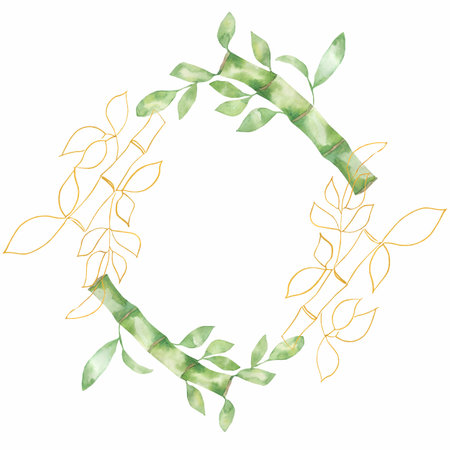Bamboo green leaves and and golden leaf frames. Watercolor illustrations. Green natural wreath frame.の写真素材